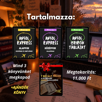 MEGA BUNDLE (Alapfok Kezdőknek könyv + Középfok Haladóknak könyv + Igeidők Táblázat minikönyv)