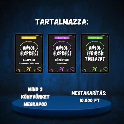 MEGA BUNDLE (Alapfok Kezdőknek könyv + Középfok Haladóknak könyv + Igeidők Táblázat minikönyv)